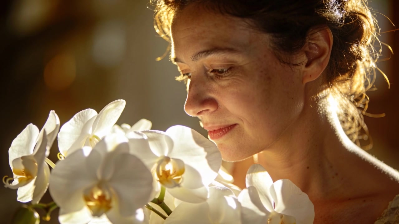 Donna con acconciatura raccolta a treccia, che si china verso orchidee bianche, illuminata da una calda retroilluminazione in una stanza, indossando una canotta.