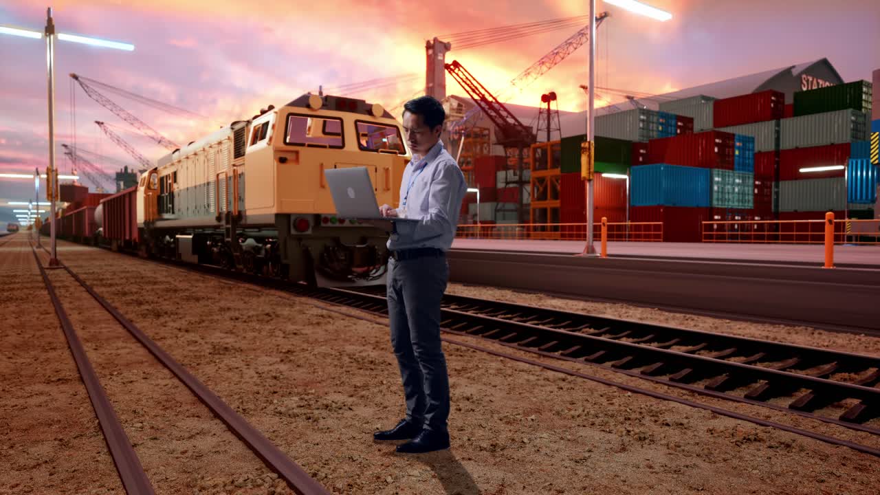 Full Body Side View Of An Asian Male Professional Worker Standing With His Laptop With Freight Cargo Train At Port, Typing And Dissapionted With Nodding His Head