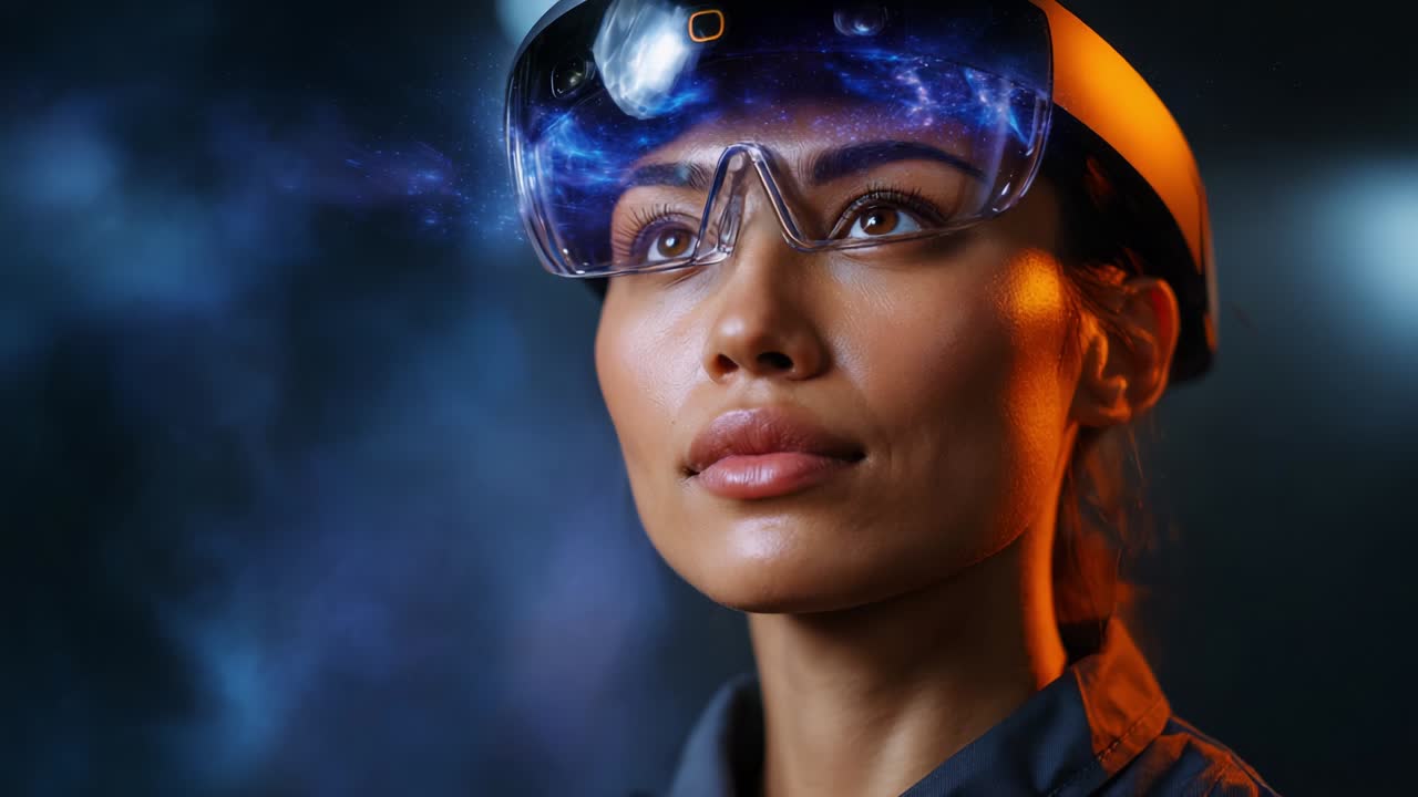 Una donna con un headset innovativo guarda pensierosa in lontananza, mostrando la tecnologia avanzata di realtà virtuale e il suo potenziale di rivoluzionare l'interazione umana e le esperienze in un ambiente visuale accattivante