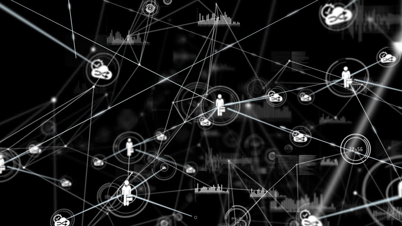 animación de redes de conexiones con iconos en fondo negro