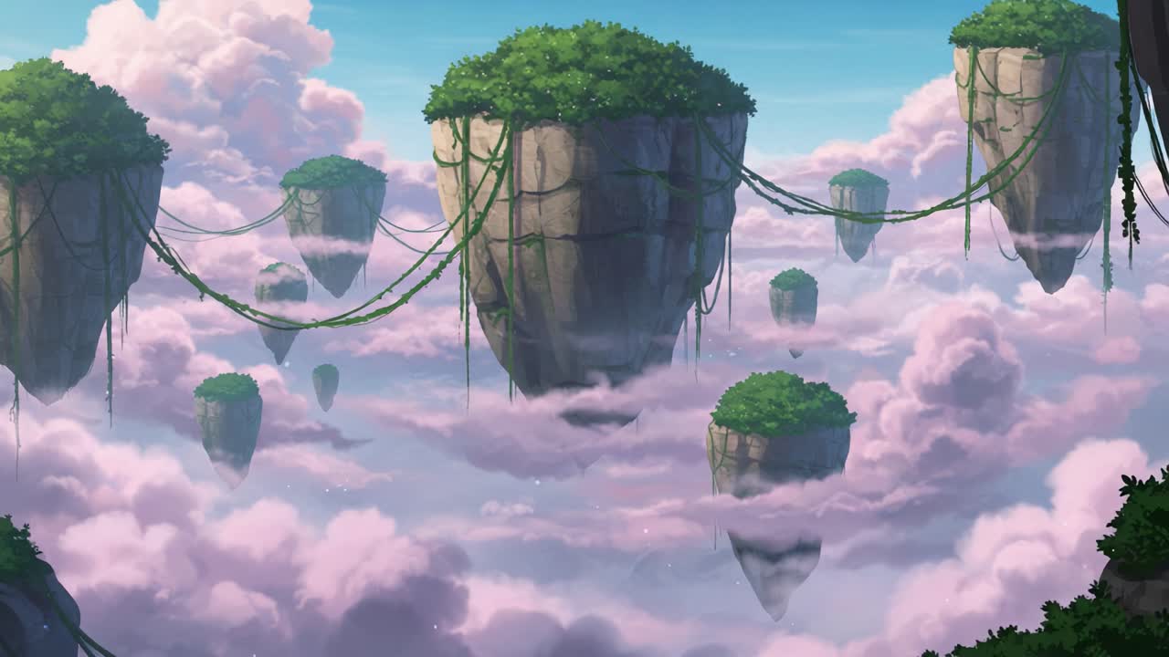 A breathtaking view of floating islands adorned with lush greenery, suspended amidst a serene sky full of soft clouds, evoking a sense of wonder and tranquility