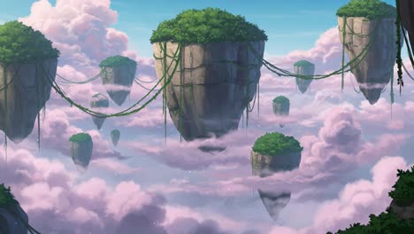 a breathtaking view of floating islands adorned with lush greenery, suspended amidst a serene sky full of soft clouds, evoking a sense of wonder and tranquility