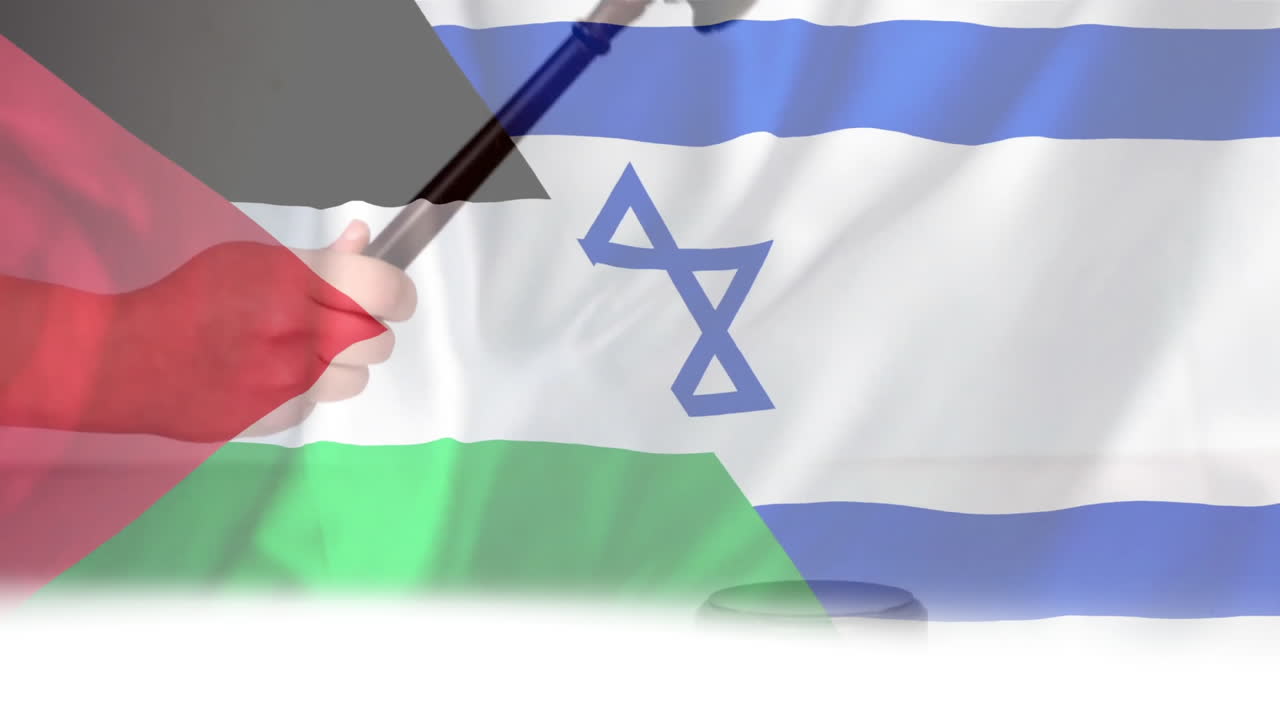 Animation of flags of palestine and israel over caucasian male judge using gavel