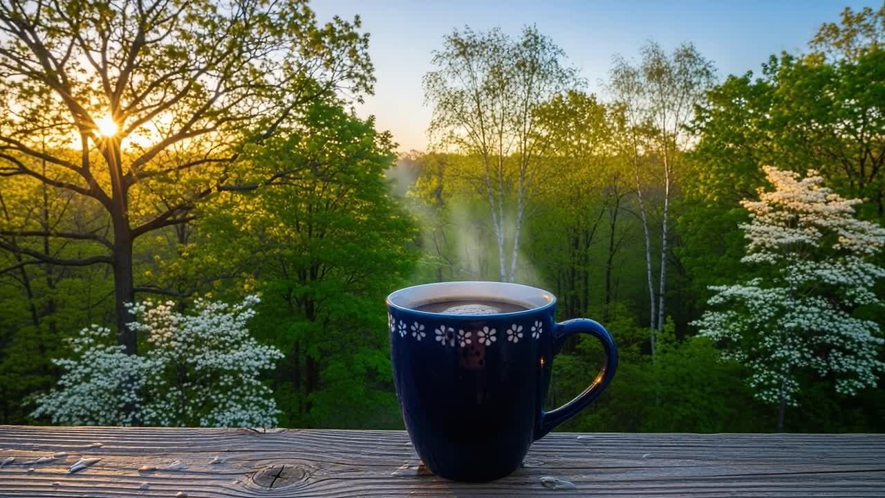 A Serene Morning Overlooking Lush Greenery with a Steaming Cup of Coffee Positioned on a Wooden Deck Amidst the Beauty of Nature at Sunrise
