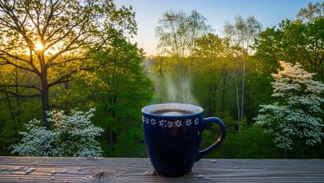 a serene morning overlooking lush greenery with a steaming cup of coffee positioned on a wooden deck amidst the beauty of nature at sunrise