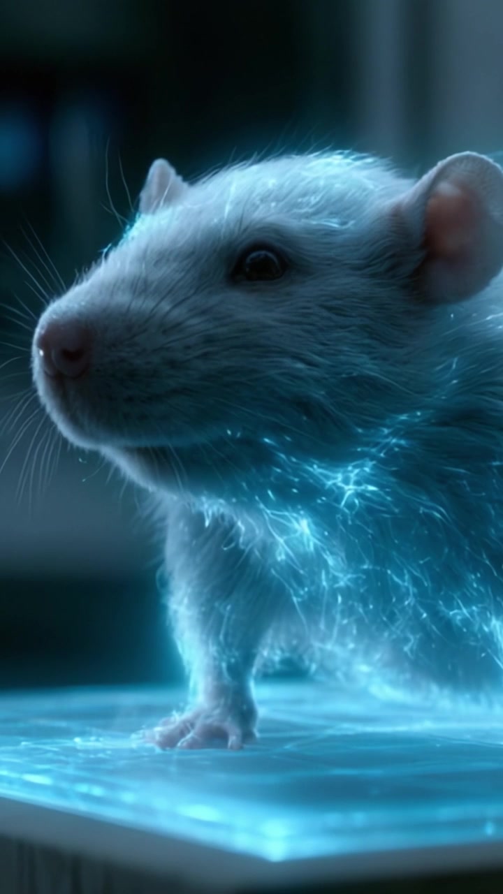 Un primo piano accattivante di un ratto luminoso ed etereo che mostra i suoi dettagli intricati e le texture scintillanti su uno sfondo delicatamente illuminato.