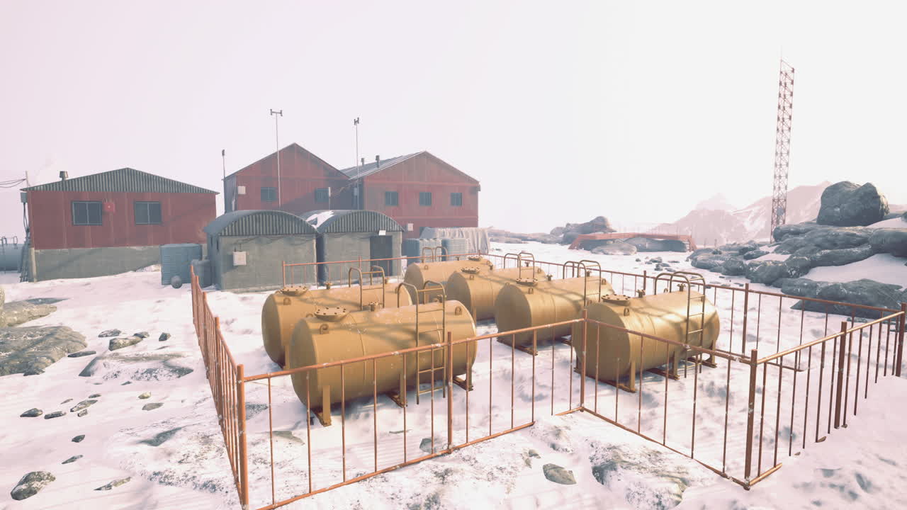 Exploring industrial sites in a snowy remote landscape by day