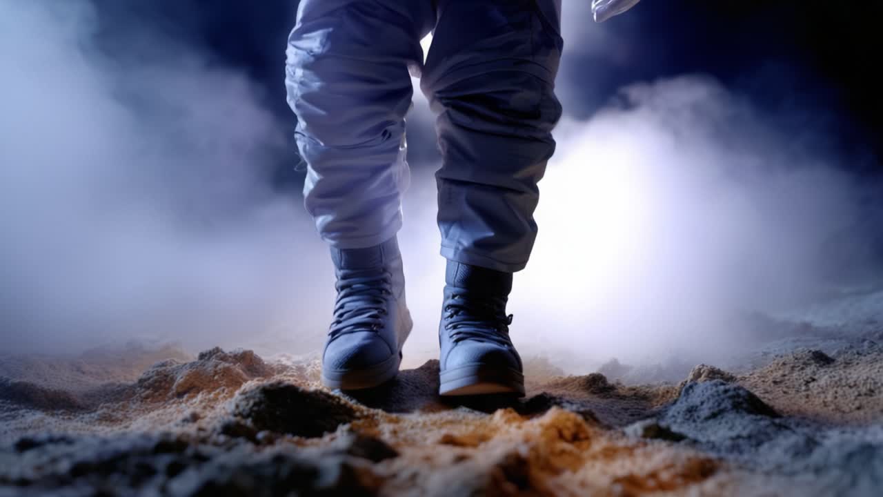 Um astronauta pisa em uma superfície alienígena, cercado por nuvens de poeira e neblina, exemplificando a exploração de mundos desconhecidos além do nosso