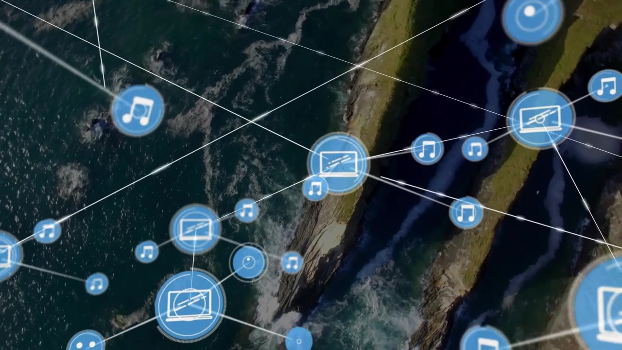 Red superpuesta creciendo sobre la costa, icono de monitor apareciendo, enlazando música, nodos de pantalla para mapa tecnológico