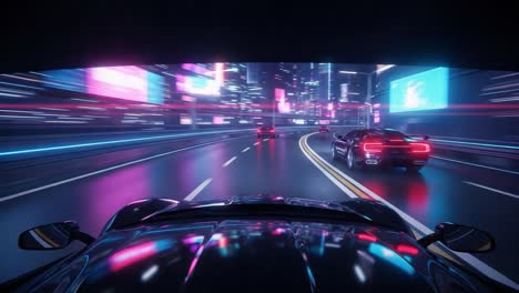 night drive through a neon-lit futuristic city