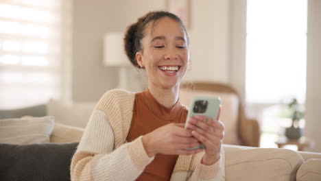 young woman, phone and laugh on sofa