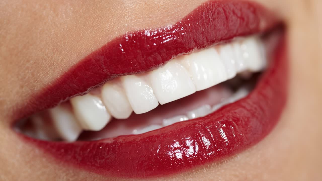 A Close-Up View of a Beautiful Smile Highlighted by Glossy Red Lipstick and Bright, Radiant Teeth, Capturing the Essence of Confidence and Charm