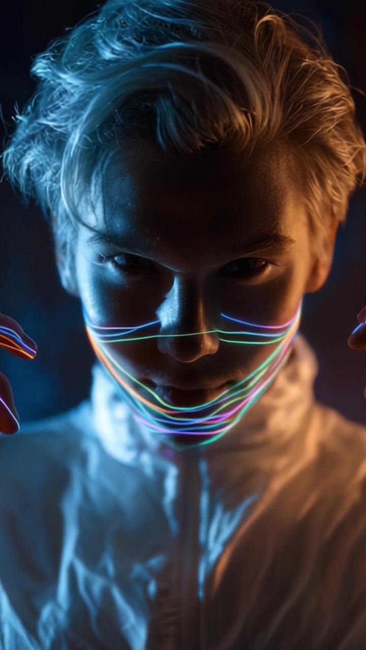 Un ritratto ipnotizzante di un individuo con capelli sorprendenti e motivi di luce colorati che illuminano il suo viso, creando un'atmosfera eterea e accattivante