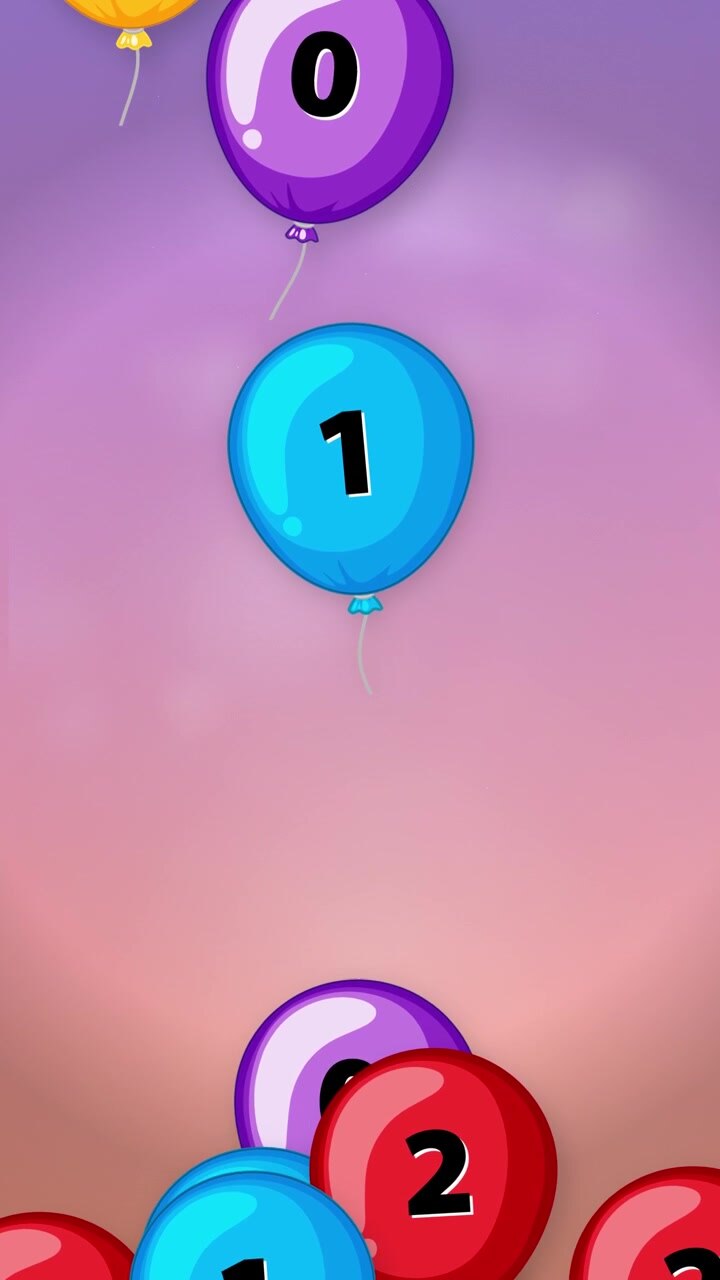Vibrant cartoon balloons with numbers fall vertically through a soft purple gradient background.