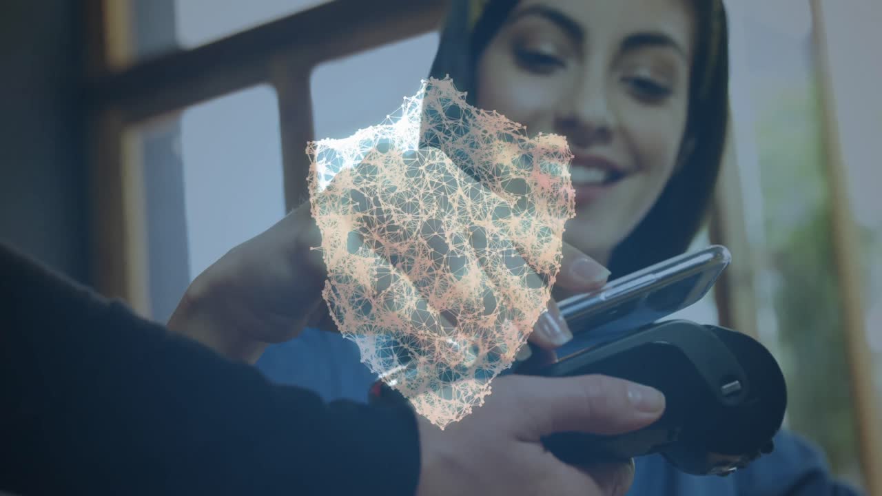 анимация сети соединений с защитным щитом над людьми, использующими платежный терминал