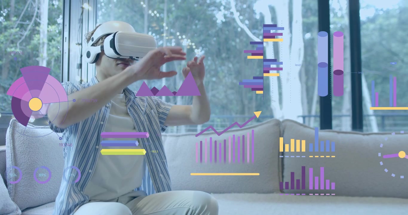 Man sitting on beige sofa putting on VR headset and manipulating floating data analytics visuals