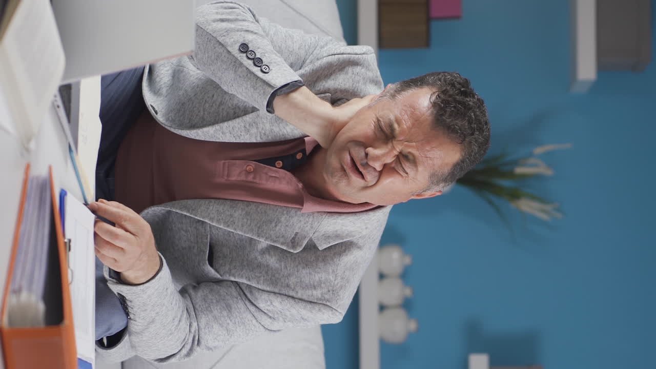 홈 오피스 근로자의 수직 비디오 노인은 목 통증이 있습니다.