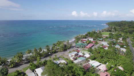 aerial establishing overview of the lush coastline at manzanillo beach, puerto viejo with sparkling blue water