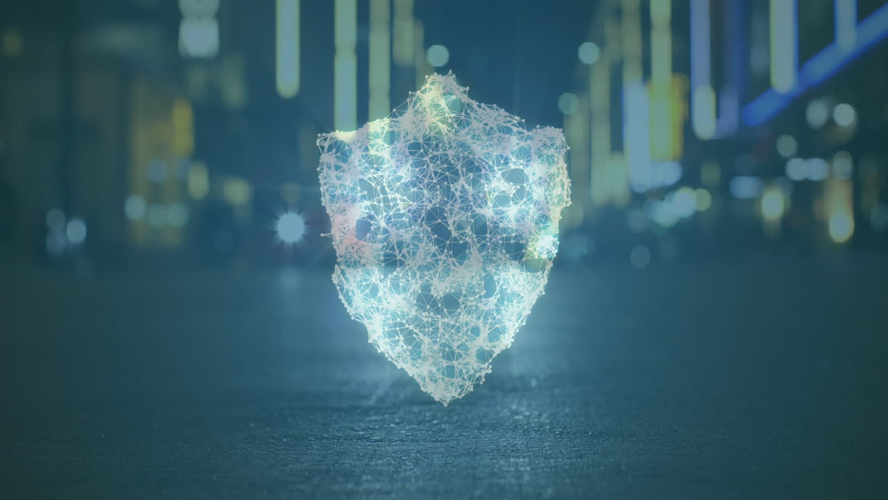 Animation of online security padlock over cityscape