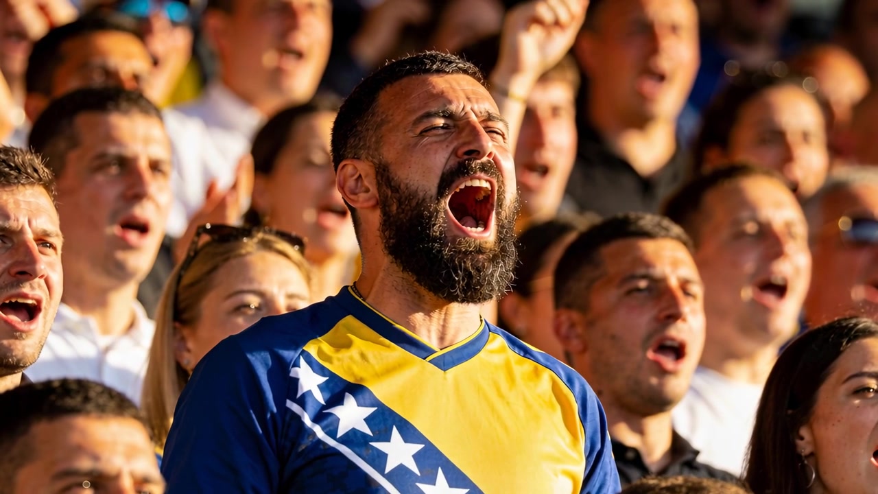 Hombre gritando con camiseta azul y amarilla con estrellas blancas diagonales, reaccionando a la jugada en un estadio soleado, animando.