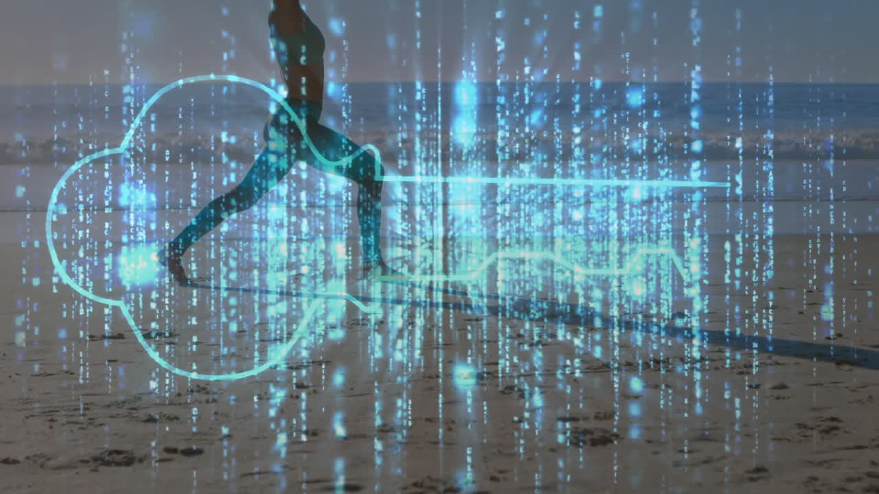 Digital key and data animation over person running on beach