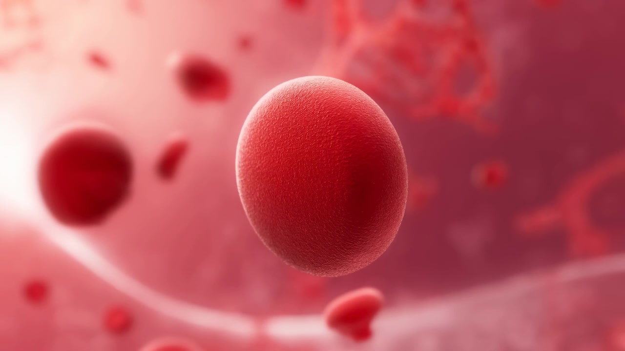 Macro view of single prominent red blood cell suspended in soft-focus bloodstream, showing oval silhouette, fine granular matte surface, gentle rim highlight, blurred background, and clean clinical