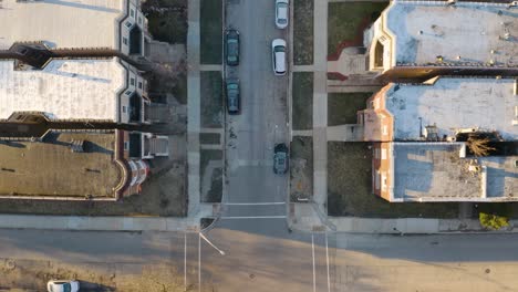 top down aerial view of city street in poor south side chicago neighborhood