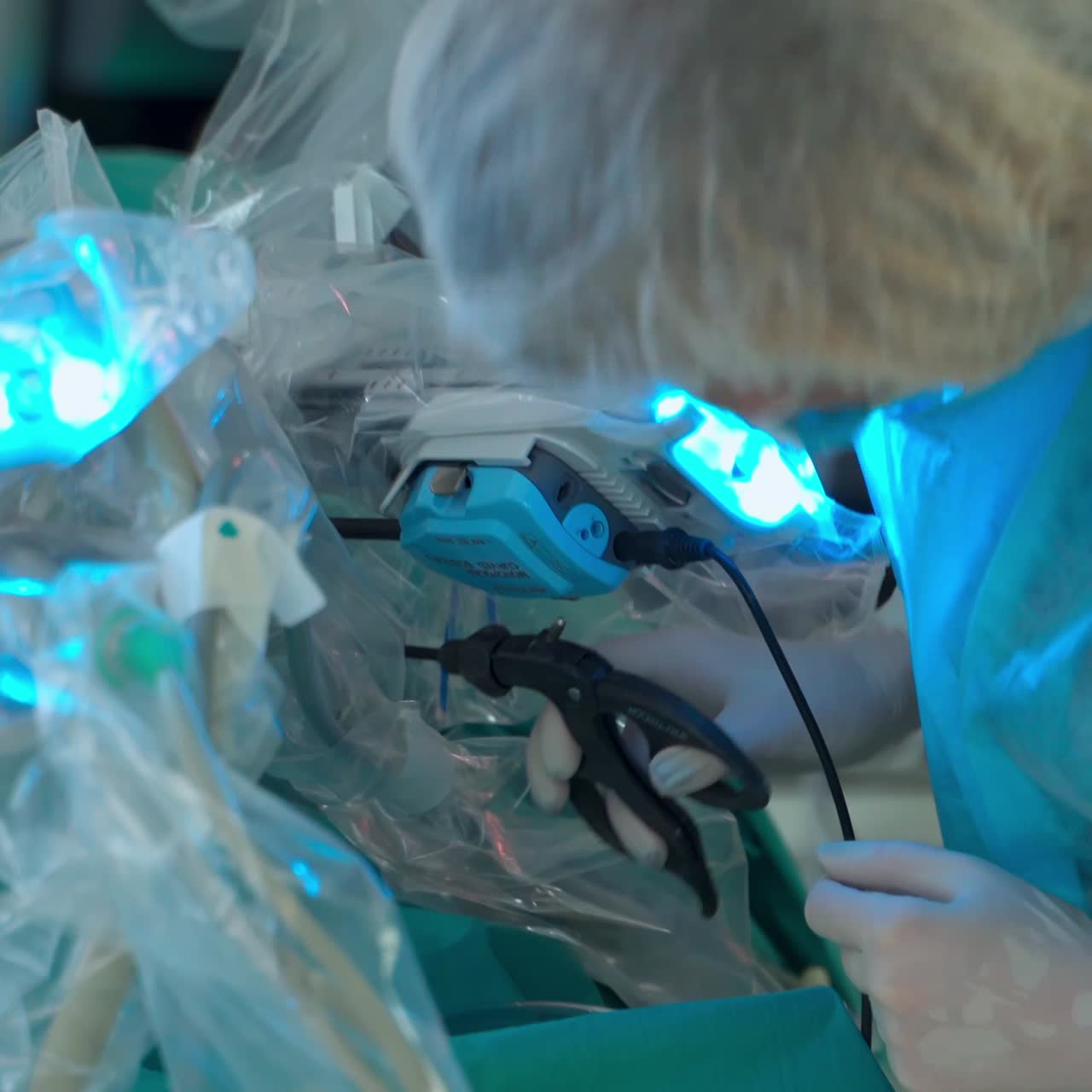 Operation room with robotic surgery. Surgical room in hospital with robotic technology equipment