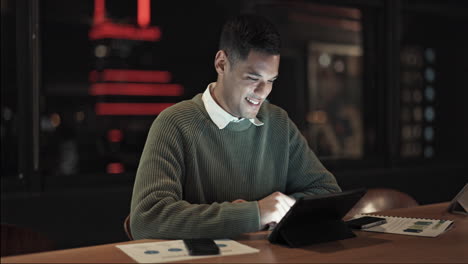 Tablet,-night-office-and-businessman-smile