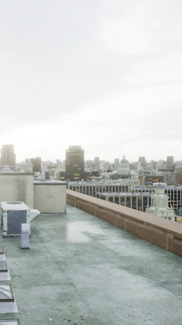Urban rooftop view in city during cloudy sunset with skyline in background