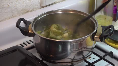 cactus or nopal cooking on a pot with onion and spices