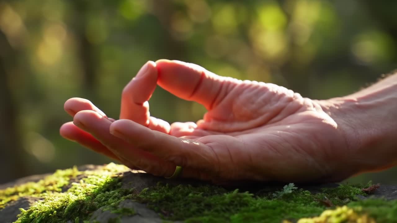 A Serene Moment of Mindfulness: Embracing Nature's Serenity with a Gentle Gesture of Tranquility and Balance in the Heart of the Forest