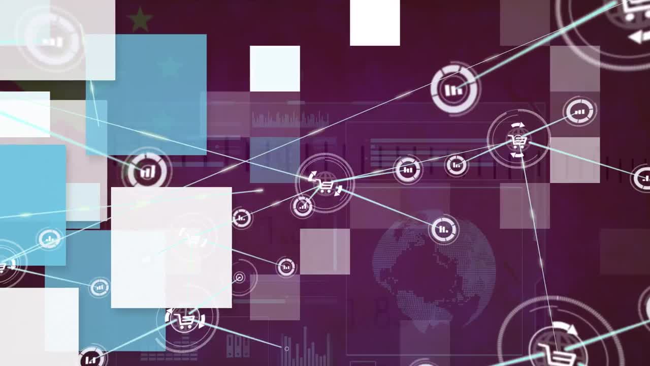 animación de la red de conexiones con iconos sobre el procesamiento de datos