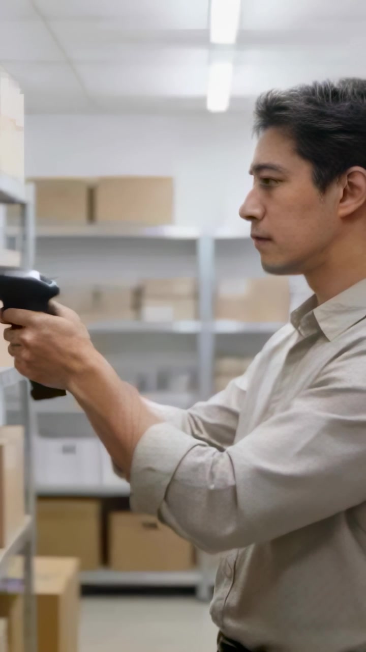 Vertical video: Raising scanner, man in beige shirt scanning boxes on shelves for stock, copy space