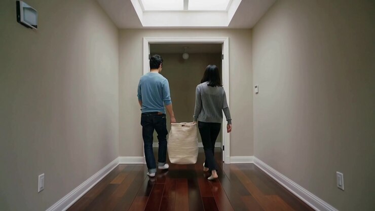 Walking man blue shirt and woman grey sweater carrying woven laundry basket down hallway to unload