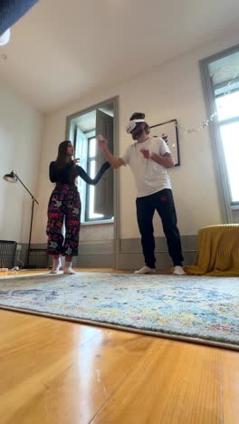 couple experiencing virtual reality in a home setting