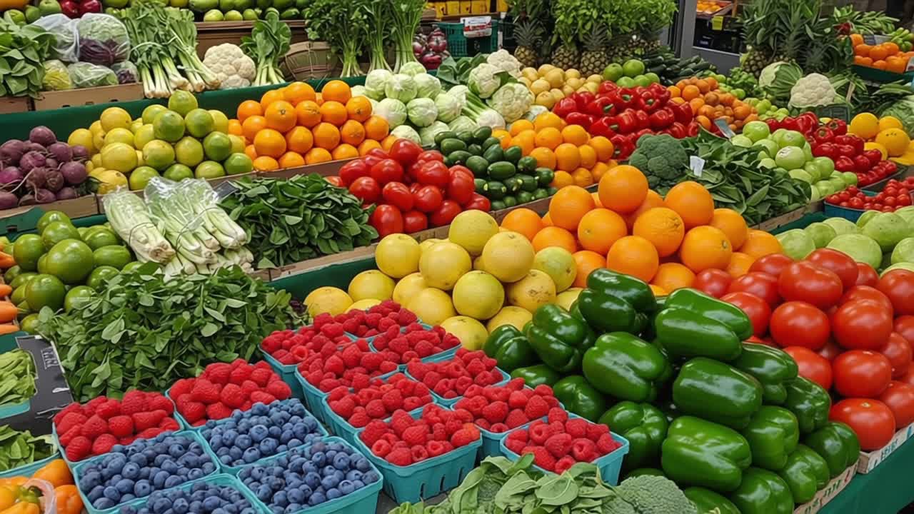 Vibrant Market Display of Fresh Fruits and Vegetables Showcasing Nature's Bounty in a Colorful Arrangement, Highlighting Seasonal Produce for Healthy Living