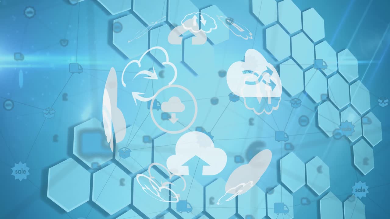 파란색 배경에 회전하는 날씨 아이콘의 지구의 애니메이션