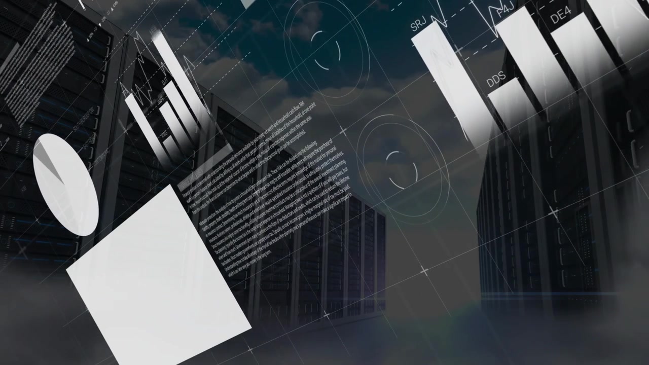Animated Digital Data Analysis with Graphs and Charts in a Server Room