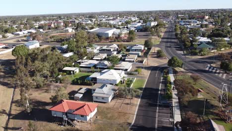 drone flying over roads and private homes in a small town in australia