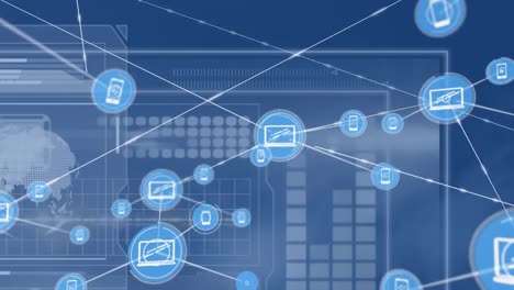 animation of network of connections with icons over screen with data processing