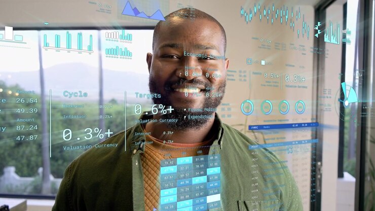 Analyst leaning forward laughing as HUD updating data graphs, percents over torso celebrating
