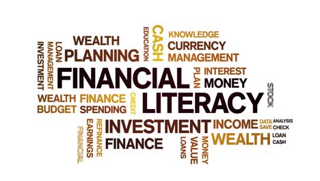 4k financial literacy animated tag word cloud,text animation seamless loop.