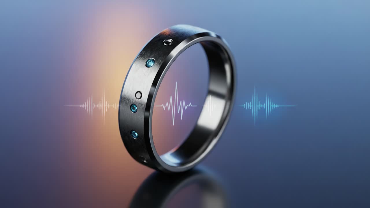 Elegant Smart Ring Displaying Audio Waveforms and Unique Blue Accents, Showcasing a Blend of Technology and Modern Jewelry Design