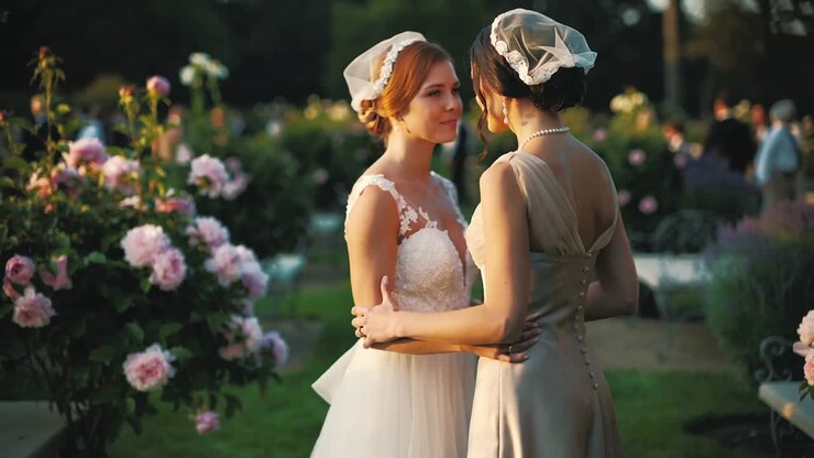 Meeting two brides in white lace, pale satin gowns embracing in rose garden, wedding portrait
