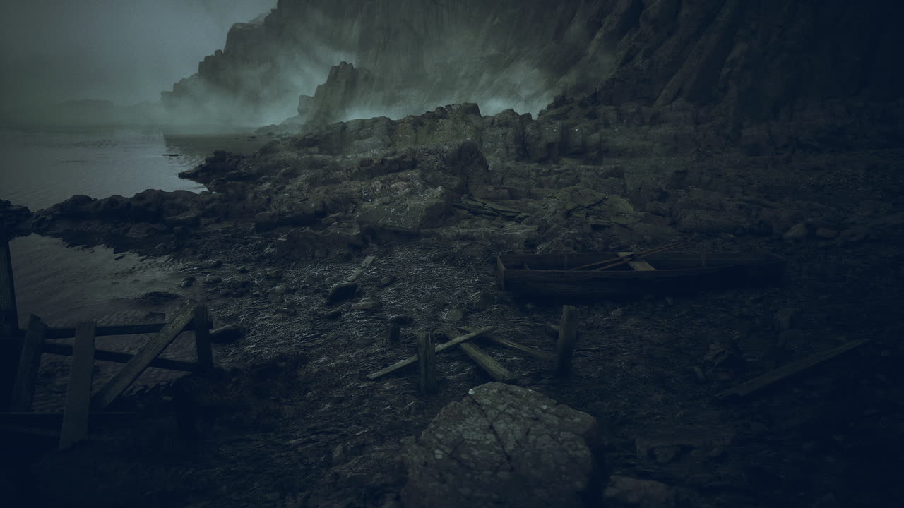 paisaje costero rocoso bajo un cielo nublado con estructuras desgastadas