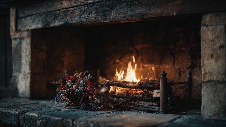 En koselig ildstedscene med knitrende ild og vakkert arrangement av blomster på det rustikke ildstedet, som skaper en innbydende atmosfære av varme