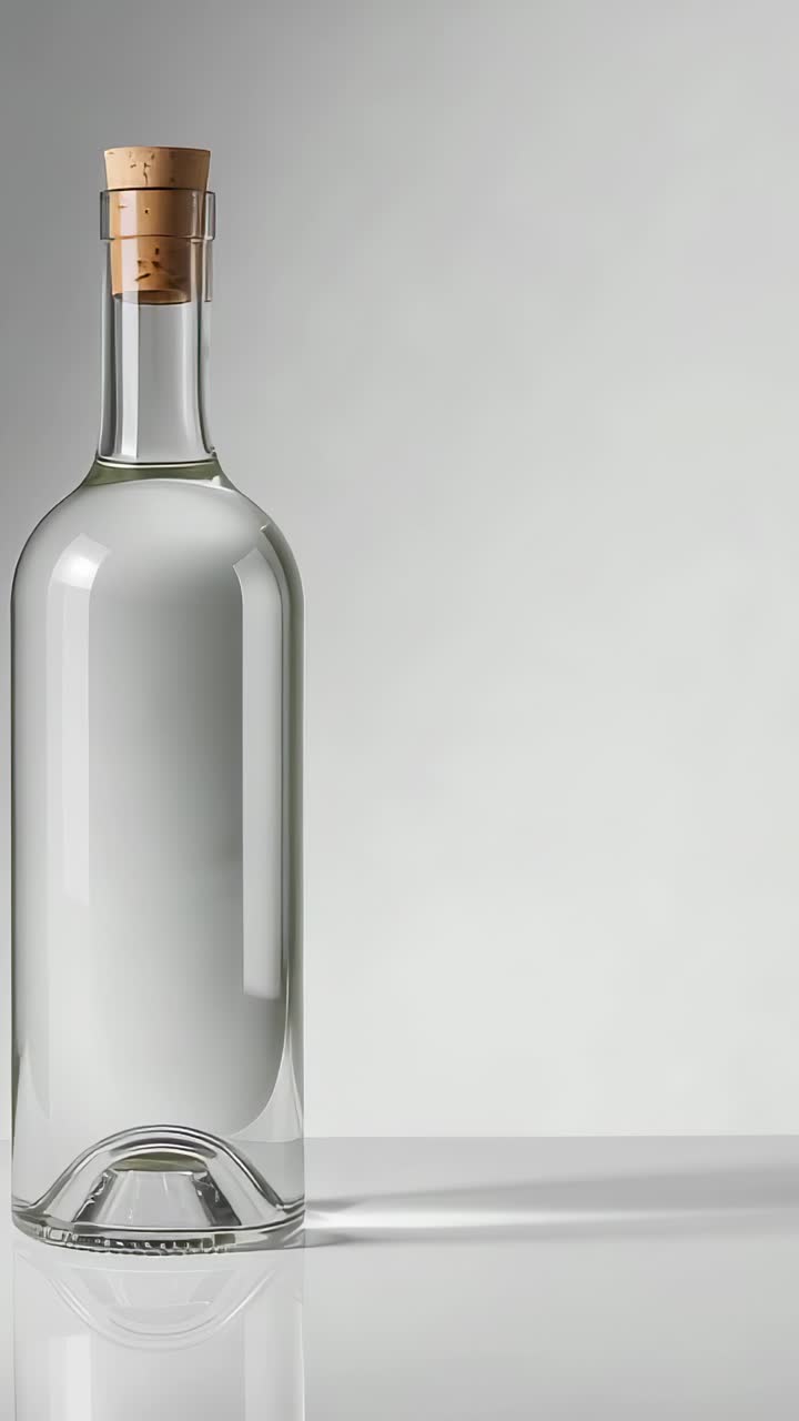Vertical video: Glass bottle with cork stopper standing in studio shot, showing design