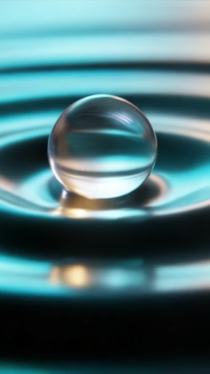Riflesso accattivante di una goccia d'acqua sferica su una superficie calma con increspature vivaci che creano una pacifica armonia visiva dell'arte della natura.