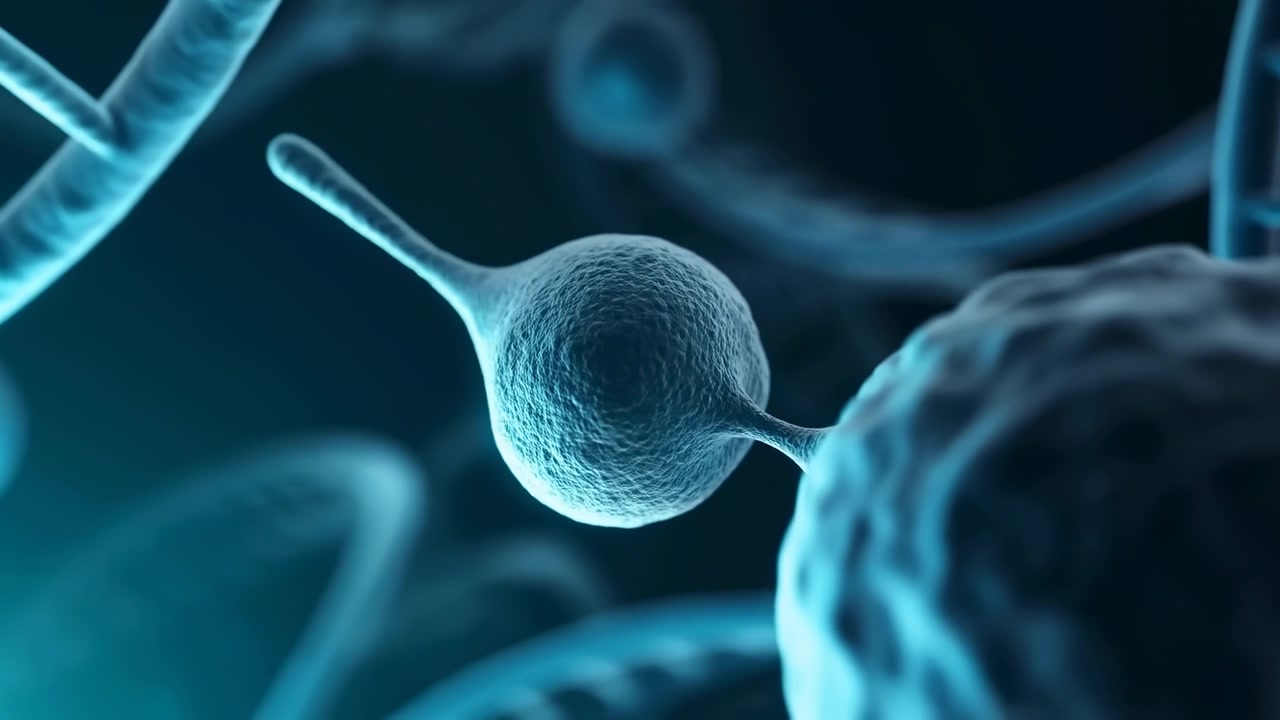 Composizione biotecnologica astratta con un filamento di DNA luminoso sulla sinistra, una sfera molecolare centrale e strutture scientifiche sfocate su uno sfondo blu scuro.